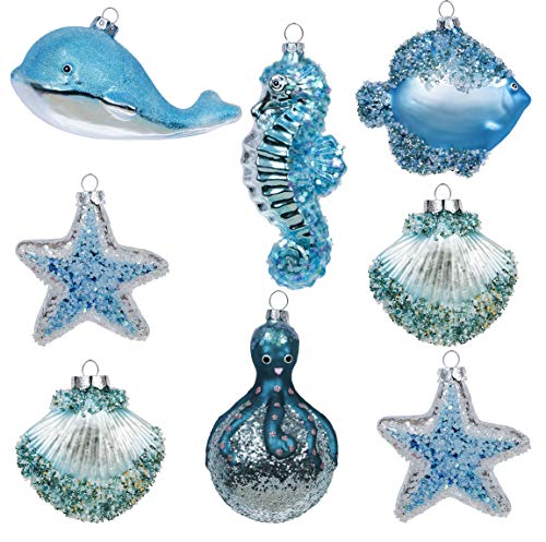 Valery Madelyn 8ct Large Christmas Glass Ornaments Set - Beach & Marine Theme