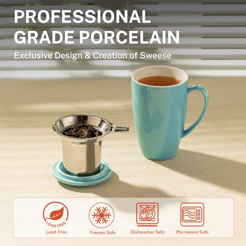 Sea Blue Sweese 15oz Porcelain Tea Mug with Infuser & Lid – Microwave Safe, Lead-Free