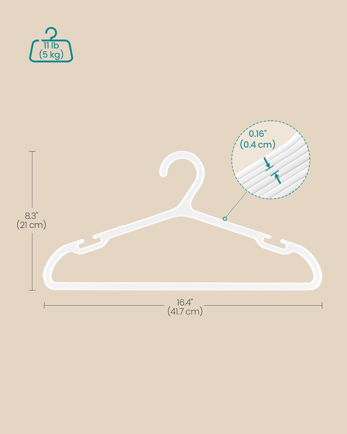 SONGMICS Plastic Clothes Hangers - Space-Saving Design with Wide Shoulder Notches - 16.4 Inches, Cloud White, Pack of 50