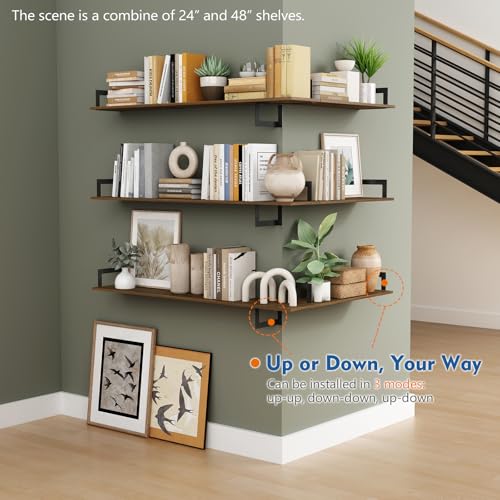 3-Pack 24-Inch Floating Wall Shelves, Rustic Solid Wood Bookshelf Set