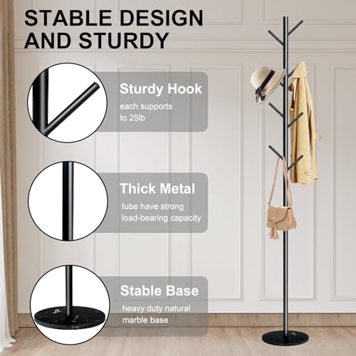 Freestanding Metal Coat Rack with Natural Marble Base, 8-Hook Coat Stand
