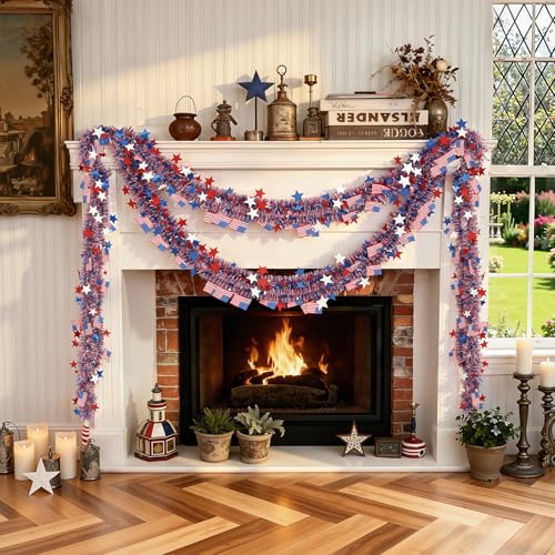 4th of July Patriotic Star Tinsel Garland - 50ft Red White & Blue Decor