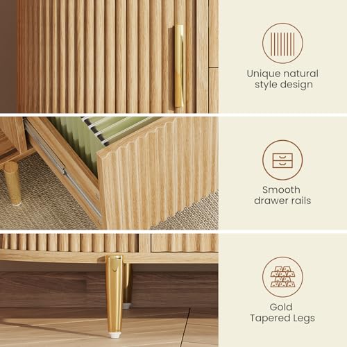 SEDETA Natural Fluted 2-Drawer File Cabinet with Sliding Doors for Home Office