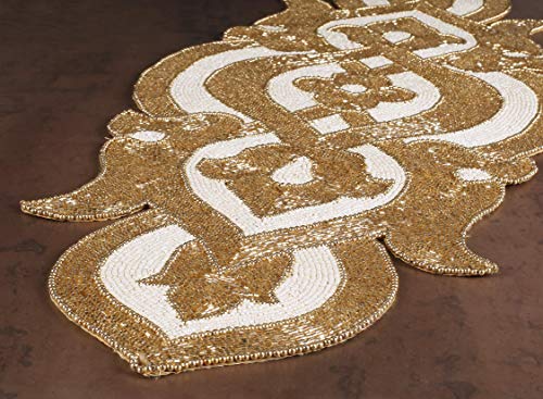 Lightnpro Hand Beaded Table Runner 13x36 Infinity Gold Ivory | Handmade Satin Backing