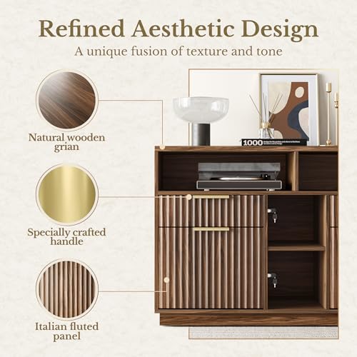 4-Drawer Fluted File Cabinet with Charging Station and Open Shelves
