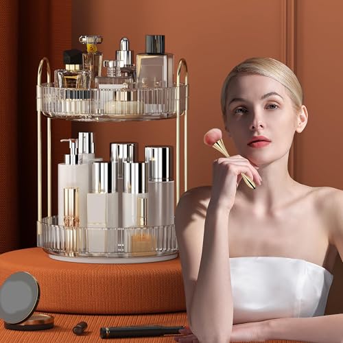 YCIA&DONE 9" x 9" x 12.6" Clear White 2-Tier 360° Rotating Makeup Organizer