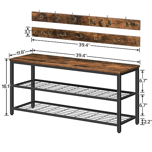 Industrial Hall Tree with Shoe Bench and 9 Coat Hooks, Rustic Brown