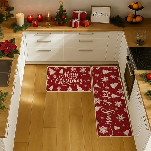 Siilues Red Christmas Kitchen Mat Set of 2 Non-Slip Snowflake & Tree Rugs 17x29 & 17x47 Inches