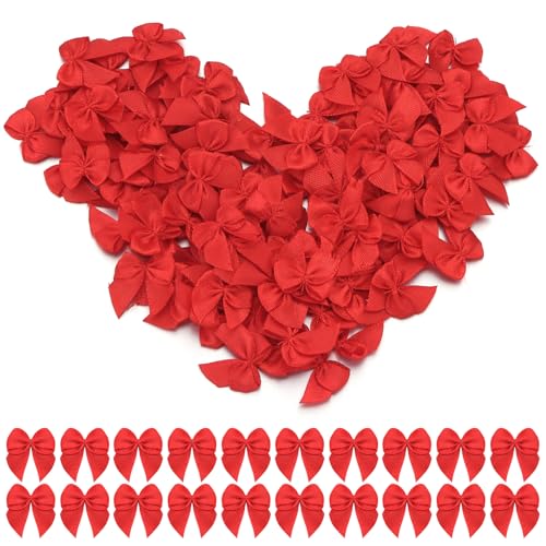Loomesh Red Mini Bow Ribbons 1" Premade Small Craft Bows for Decorations (Pack of 100)