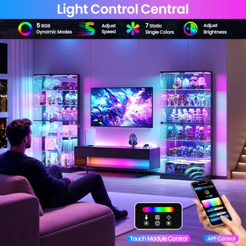 71-Inch 6-Tier Tall Glass Display Cabinet with RGB LED Lights & Mirrored Back