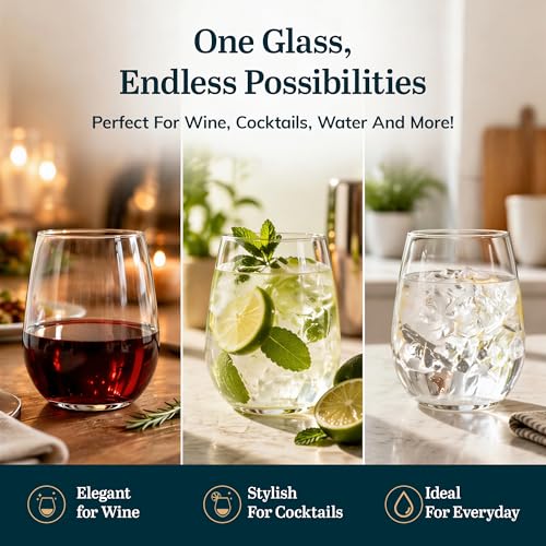 Stemless Wine Glasses Set of 12, Dishwasher Safe Glassware for Wine & Water