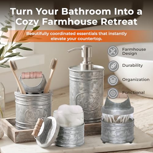 4-Piece Rustic Farmhouse Bathroom Accessory Set, Galvanized Metal & Glass