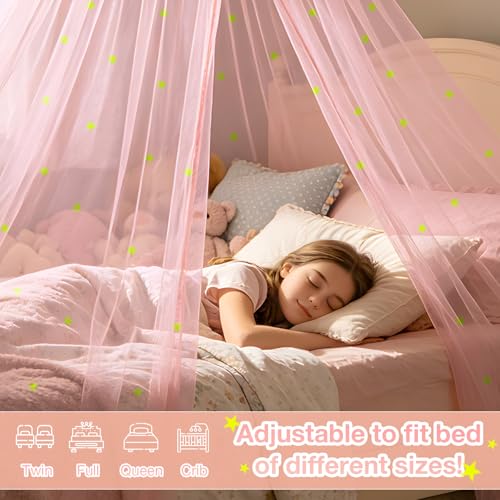 Glow-in-the-Dark Stars Pink Bed Canopy - Princess Netting for Kids Bed