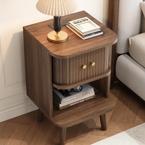 Fluted Nightstand Set of 2 with Charging Station, Walnut Bedside Tables