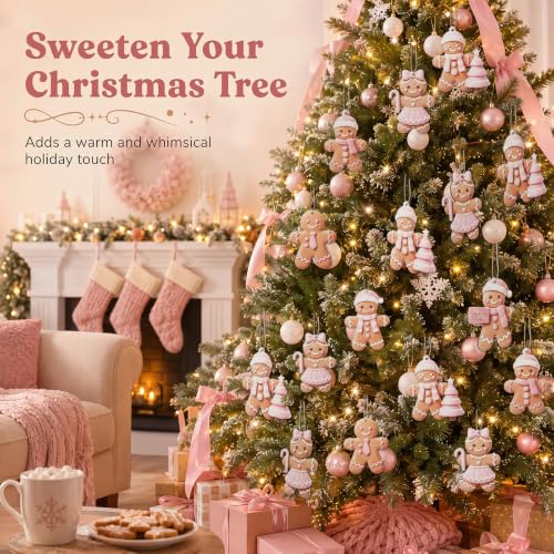 24 Pcs Pink Gingerbread Man Ornament Set - 3.94'' Wooden Christmas Decorations, Memorywuu
