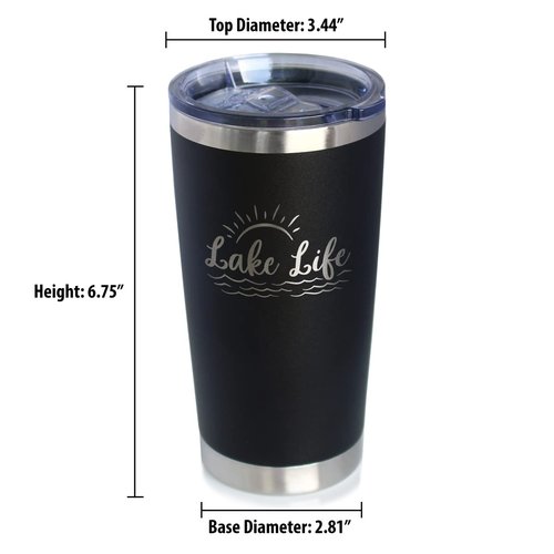 Lake Life - Insulated Coffee Tumbler Cup with Sliding Lid - Stainless Steel Insulated Mug - Cute Outdoor Camping Mug and Lake House Decor - Black