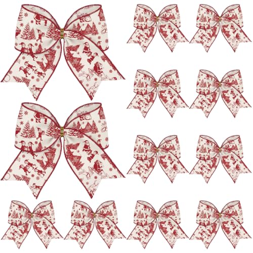 Realspring 12-Pack 6.3in Red Santa Toile de Jouy Christmas Bows - French Sketch