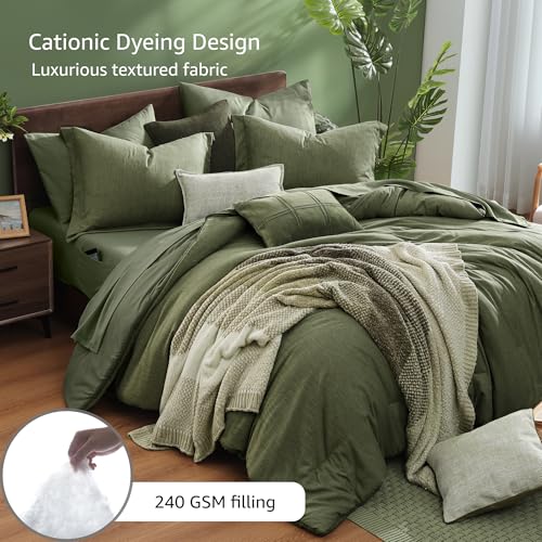 King Size Comforter Set - 7-Piece Olive Green Bed in a Bag Bedding