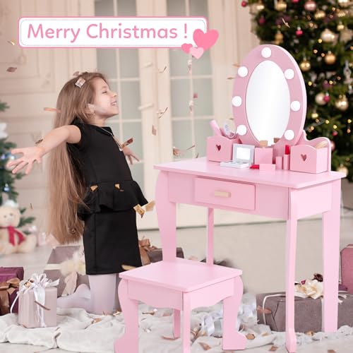 Kids Vanity Table and Stool Set with Lighted Mirror and Makeup Playset