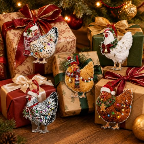 Funny Chicken Christmas Ornaments - Farmhouse Holiday Tree Decorations (Set of 5)