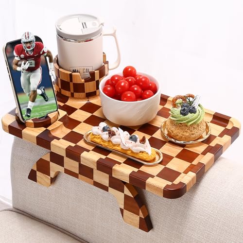 Checkered Rubber Wood Sofa Armrest Tray with Rotating Cup Holder & Phone Stand