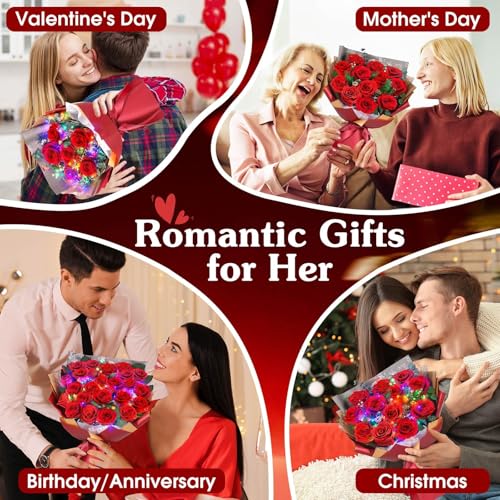 12 Preserved Real Red Roses Bouquet with LED Lights in Luxury Gift Box