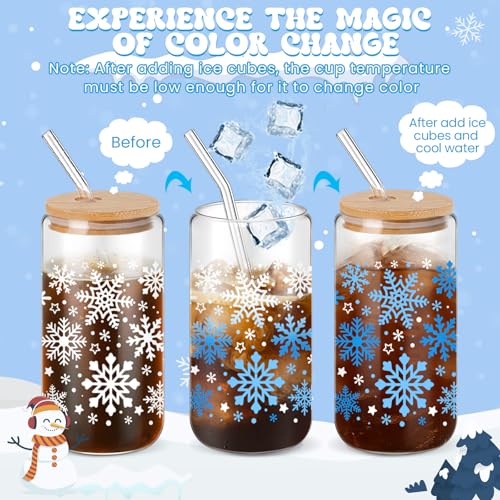 Yetene 24 Pack Snowflake Color Changing Glass Tumblers with Lids & Straws - Winter Holiday Drinkware