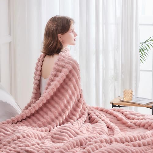 NEWCOSPLAY Pink Ribbed Fleece Throw Blanket 50x60