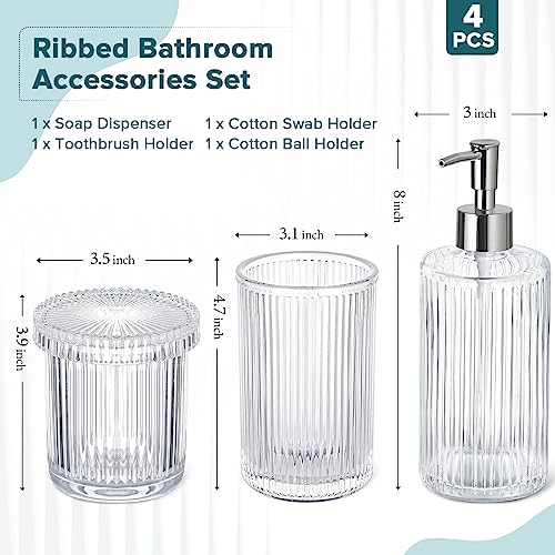4-Piece Ribbed Glass Bathroom Accessory Set - Soap Dispenser & Holder Kit