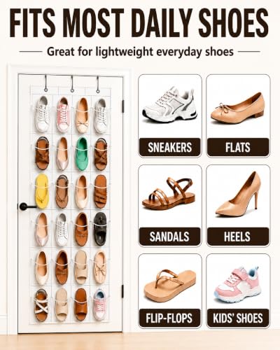 Over-the-Door Shoe Organizer, 24 Clear Pockets Hanging Storage Rack