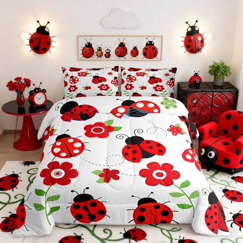 Castle Fairy Cute Ladybug Comforter Set Queen Red - Lightweight 2 Pillowcases