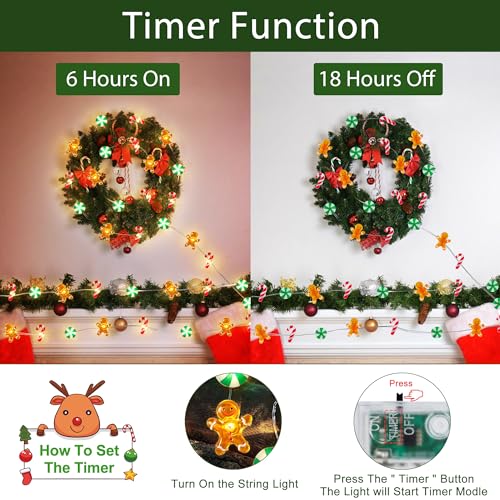 Mosoan Timer Christmas Lights 10 ft 30 LED Battery-Operated Candy Cane Gingerbread Snowflake String Lights (Style 1)
