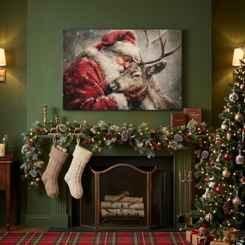 Vintage Santa and Reindeer Christmas Wall Art Canvas Print 16x12in Framed