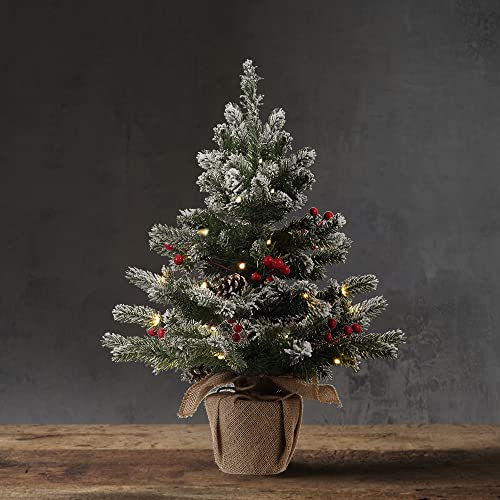 DECSPAS 2FT Pre-lit Snowy Mini Christmas Tree with 20 LED Lights, Red Berries & Pine Cones - Tabletop Holiday Decor