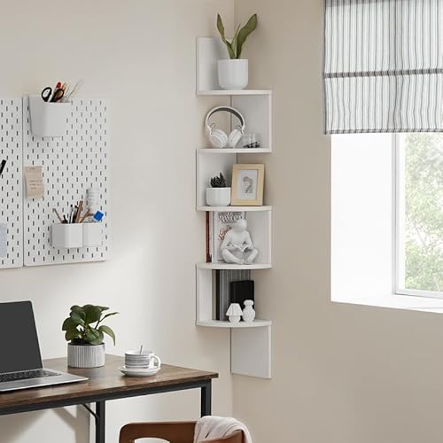 VASAGLE Corner Shelf Wall Mount, 5-Tier Floating Corner Bookshelf, Plant Shelf for Bedroom, Living Room, Bathroom, Home Office, Cloud White