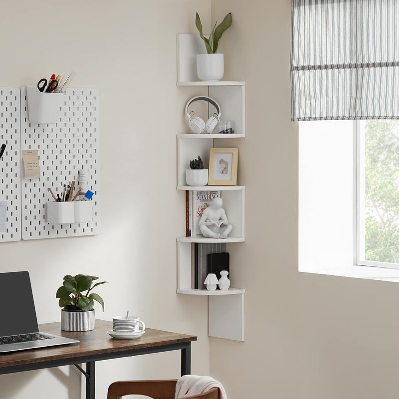 5-Tier Floating Corner Shelf, Wall-Mounted Bookshelf in Cloud White