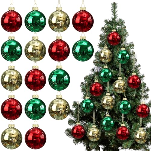 16 Pack Christmas Glass Ornaments - Red Green Gold Shiny Holiday Decorations