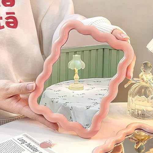 Pink Wave Desk Vanity Mirror Small Makeup Mirror Portable Office Table