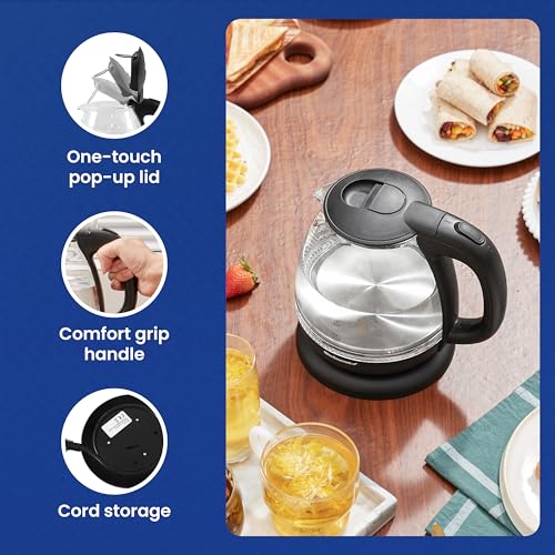 1.0L Electric Glass Kettle with Blue LED, Cordless Base & Auto Shut-Off