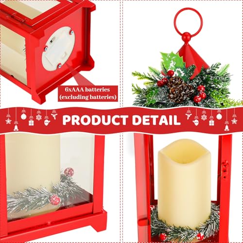 Baquler 2-Pc Red Christmas Lanterns with LED Candles – Farmhouse Metal Decor