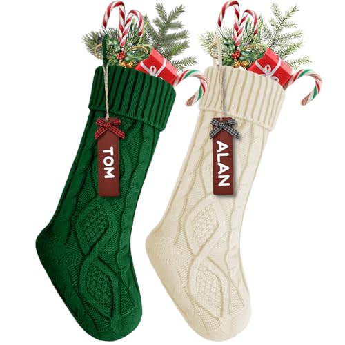 YOGINGO 2 Pack Personalized Christmas Stockings - 18 Inch Knitted Farmhouse Holiday Decor (Green + Ivory)