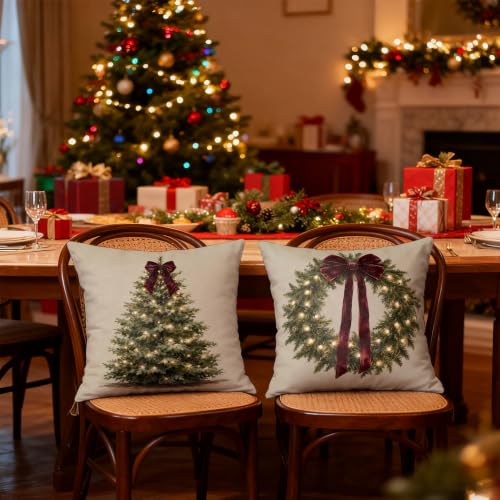 AWDSCHKJ Red Vintage Christmas Wreath Pillow Covers 18x18 Set of 2