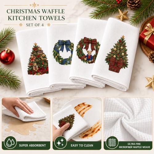 CrystalSylara Christmas Dish Towels Set of 4 - Classic Holiday Kitchen Decor
