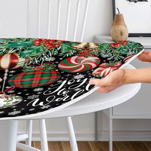Christmas Fitted Round Tablecloth with Elastic Waterproof Black 44-inch