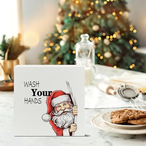 White Christmas Santa Bathroom Wooden Sign - 5x5 Inch Holiday Home Decor