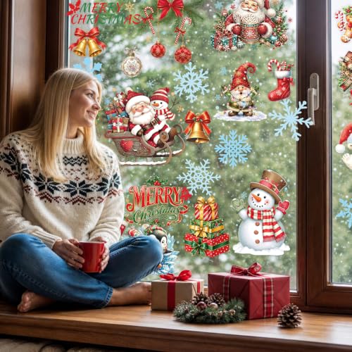Traditional Christmas Window Clings Set - 28 Reusable Static Holiday Decals with Santa, Snowman & Reindeer - Double-Sided Xmas Decorations