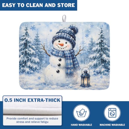 Kawani Blue Snowman Pine Tree Christmas Dish Drying Mat 18x24 Inch