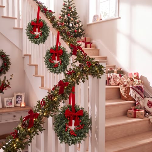 Dingion 12 Pcs 14'' Small Christmas Wreath for Cabinet Decoration with Bow - Set of 12