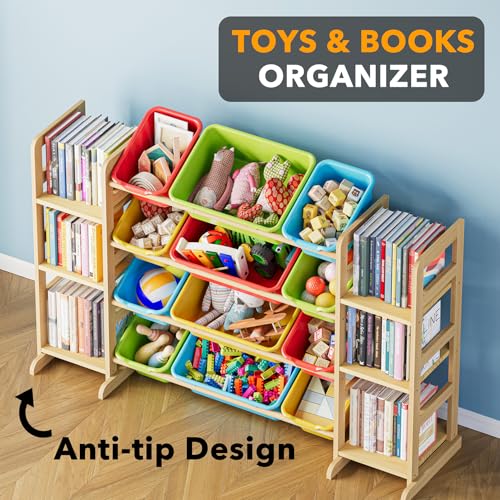 Kids Toy Storage Organizer with 12 Bins and Bookshelf, Pine Wood
