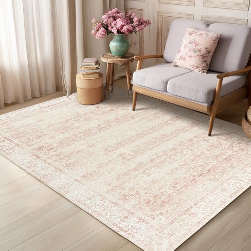 Vintage Floral Pink Nursery Rug - 5x7 Washable Boho Distressed Area Rug